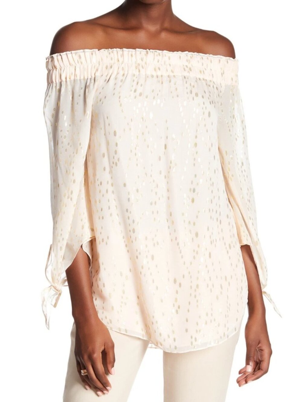 Rachel Zoe New Top Off-Shoulder Print Silk Metallic Blouse Sz 6 Ivory/Gold $345